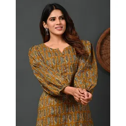 Rimeline Ethnic Motifs Printed Round Neck Puff Sleeves Pure Cotton Kurta-picture-13