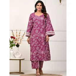 Rimeline Floral Printed Sweetheart Neck Pure Cotton Straight Kurta With Trousers-picture-20