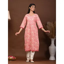 Rimeline Floral Screen Printed Notch Neck Pure Cotton Straight Kurta-picture-31