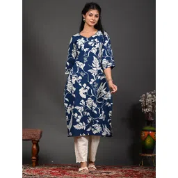 Rimeline Floral Screen Printed Sweetheart Neck Pure Cotton Straight Kurta-picture-25