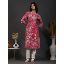 Rimeline Floral Screen Printed Sweetheart Neck Pure Cotton Straight Kurta-picture-29