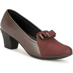 rimezs Women's Two-Tone Bow Pumps, Block Heel Formal Shoes, Brown and Black and Cherry-picture-20
