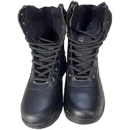 Rinku Tactical Combat Boots, Black Leather, Side Zip Lace-Up, Military Style, Heavy-Duty Rubber Sole-picture-49