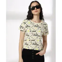 rio for trends select Women All-Over Typographic Print Crop Fit Round-Neck T-Shirt-picture-33