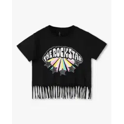 rio girls Girls Rockstar Print Regular Fit Round-Neck T-Shirt with Fringes-picture-23