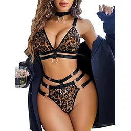 riodebella Women’s Leopard Print Babydoll Lingerie Set with Strappy Design & O-Ring Details – Sexy 2-Piece Nightwear Set-picture-26