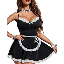 riodebella Women's Sexy French Maid Costume – Lace Trim Lingerie Dress with Apron & Accessories-picture-12