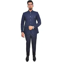 Clothing & Accessories > Men > Suits & Blazers > Suits Men's 2Pcs Ethnic Contemporary Wedding Bandhgala Jodhpuri Prince Suit Set Size (42) Blue-image-7