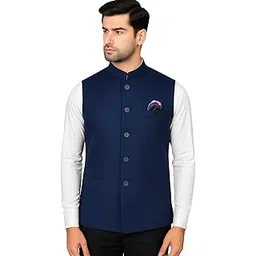 MEN 'S NEHRU MODHI JACKET (WAISTCOAT) - ALONG WITH INNER POCKET PREMIUM FABRIC WITH WOOL BLEND LINING STYLISH SLEEVELESS REGULAR FIT WAISTCOAT FOR FESTIVELS- FORMAL AND CASUAL (BLUE-38)-image-0