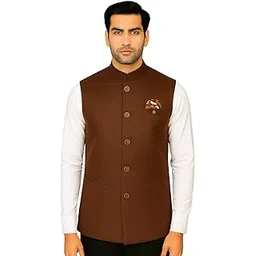 MEN 'S NEHRU MODHI JACKET (WAISTCOAT) - ALONG WITH INNER POCKET PREMIUM FABRIC WITH WOOL BLEND LINING STYLISH SLEEVELESS REGULAR FIT WAISTCOAT FOR FESTIVELS- FORMAL AND CASUAL (BROWN- 40)-image-17