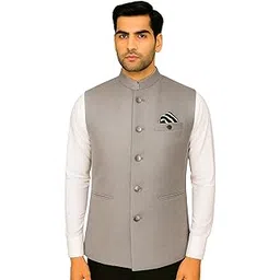 MEN 'S NEHRU MODHI JACKET (WAISTCOAT) - ALONG WITH INNER POCKET PREMIUM FABRIC WITH WOOL BLEND LINING STYLISH SLEEVELESS REGULAR FIT WAISTCOAT FOR FESTIVELS- FORMAL AND CASUAL (Grey- 40)-image-19