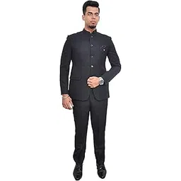 Men's Regular Fit Two Piece Wedding Bandhgala Jodhpuri Prince Suit (Black)-38-image-39