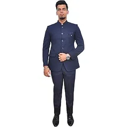 Men's Regular Fit Two Piece Wedding Bandhgala Jodhpuri Prince Suit (Blue)-38-image-42