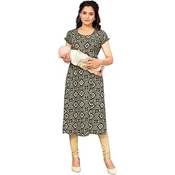 ritijya Maternitywear Poly Viscose Straight Feeding Kurtis for Women with Zip | Maternity Dress for Nursing & Pregnancy (9089_42,Energetic Green) image 1