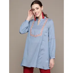Ritu Kumar Women Blue Ethnic Motifs Embroidered Yoke Design Kurti-picture-35