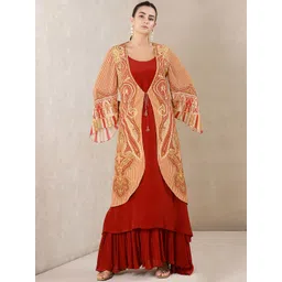 Ritu Kumar Women Geometric Viscose Rayon Longline Open Front Jacket Embroidered-picture-22