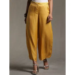 Ritu Kumar Women Mustard Yellow Solid Satin Flared High-Rise Trousers-picture-18