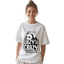 riwazah Lazy But Crazy Panda Oversized T Shirt for Women & Girls | 100% Cotton, Drop Shoulder, Korean Style, Funny Cartoon Print, Baggy Fit Casual Wear Tee-picture-29