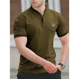 Rizim Men Brand Logo Mandarin Collar Applique Slim Fit T-shirt-picture-39