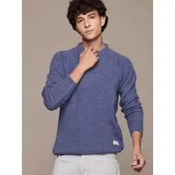 Men Solid Round Neck Blue Sweater-image-29