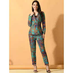 Roadster Green Abstract Printed Shawl Neck Long Sleeves Coat With Trouser-image-27