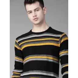 Roadster Men Black & Mustard Yellow Striped Acrylic Sweater-picture-15