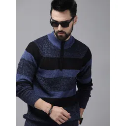 Roadster Men Blue & Black Block Stripes Acrylic Pullover-picture-19