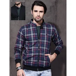 Roadster Men Blue & Burgundy Checked Reversible Bomber Jacket-picture-33