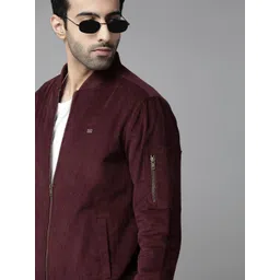 Roadster Men Burgundy Solid Corduroy Bomber Jacket-picture-19