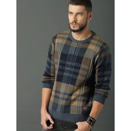 Roadster Men Grey & Brown Checked Pullover Sweater-picture-14