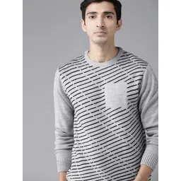 Roadster Men Grey Melange & Black Striped Acrylic Pullover-picture-25