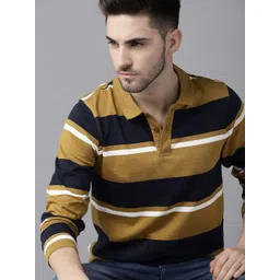 Roadster Men Khaki  Navy Blue Pure Cotton Striped Polo Collar Pure Cotton T-shirt-picture-29