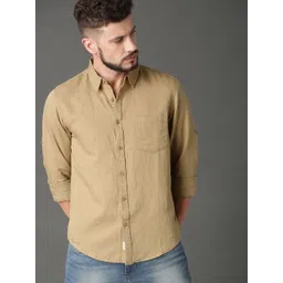 Roadster Men Khaki Regular Fit Cotton Linen Casual Sustainable Shirt-picture-14