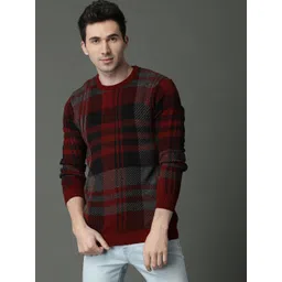 Roadster Men Maroon & Black Checked Sweater-picture-26