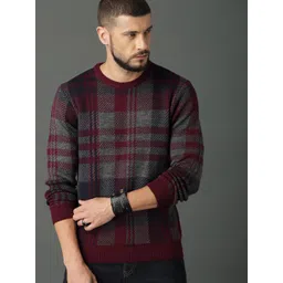 Roadster Men Maroon & Grey Checked Pullover Sweater-picture-33