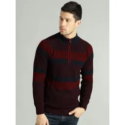 Roadster Men Maroon & Navy Blue Striped Pullover-picture-27