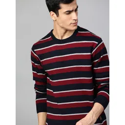 Roadster Men Maroon & Navy Blue Striped Pullover Sweater-picture-30