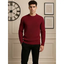 Roadster Men Maroon Round Neck Casual Cotton Pullover Striped Sweaters-picture-24