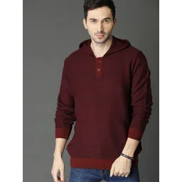 Roadster Men Maroon Solid Hooded Sweater-picture-36