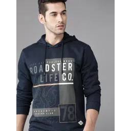 Roadster Men Navy Blue & Charcoal Grey Printed Hooded Sweatshirt-picture-18
