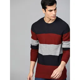 Roadster Men Navy Blue & Maroon Striped Acrylic Pullover Sweater-picture-27