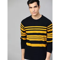 Roadster Men Navy Blue & Mustard Yellow Striped Pullover-picture-17