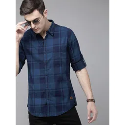 Roadster Men Navy Blue Regular Fit Checked Sustainable Casual Shirt-picture-39