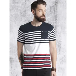Roadster Men Navy Blue  White Striped Cotton Pure Cotton T-shirt-picture-17