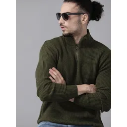 Roadster Men Olive Green Self Design Mock Neck Pullover-picture-26