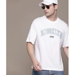 roadster Men Printed, Typography Round Neck Pure Cotton White T-Shirt-picture-11