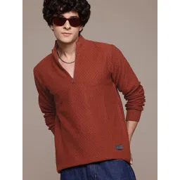 roadster Men Self Design High Neck Red Sweater-picture-13