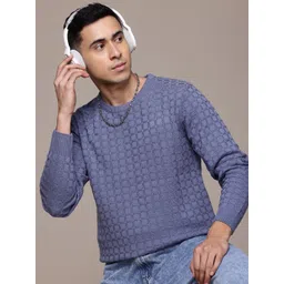 roadster Men Self Design Round Neck Blue Sweater-picture-22