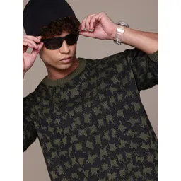 roadster Men Self Design Round Neck Green Sweater-picture-17