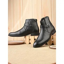 Roadster Men Sleek Black Faux Leather Boots with Buckle Detail-picture-11